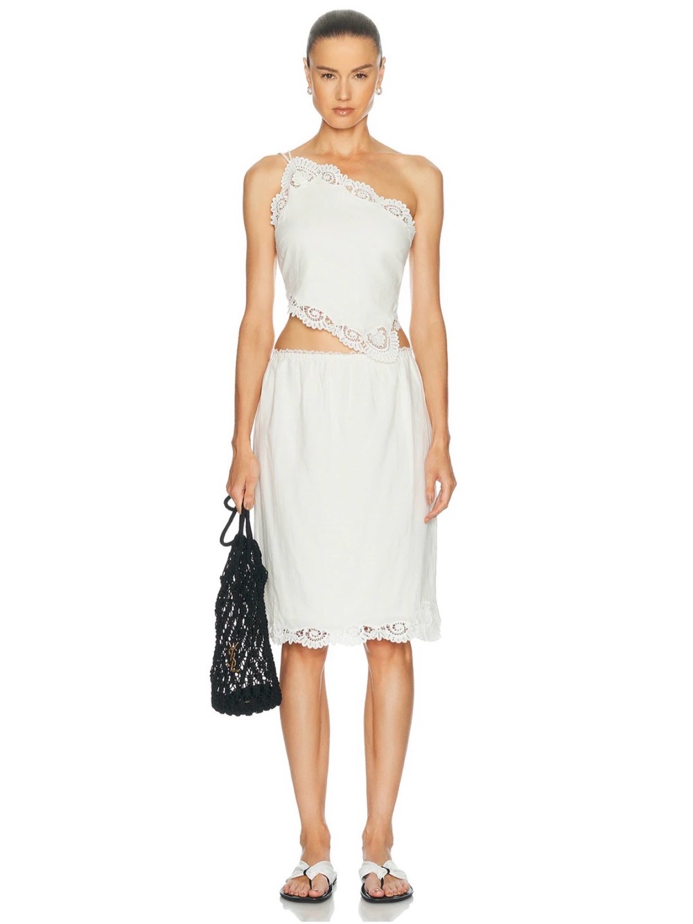 NWT POSSE Darya lace-trimmed linen and cotton-blend midi skirt SIZE L cream